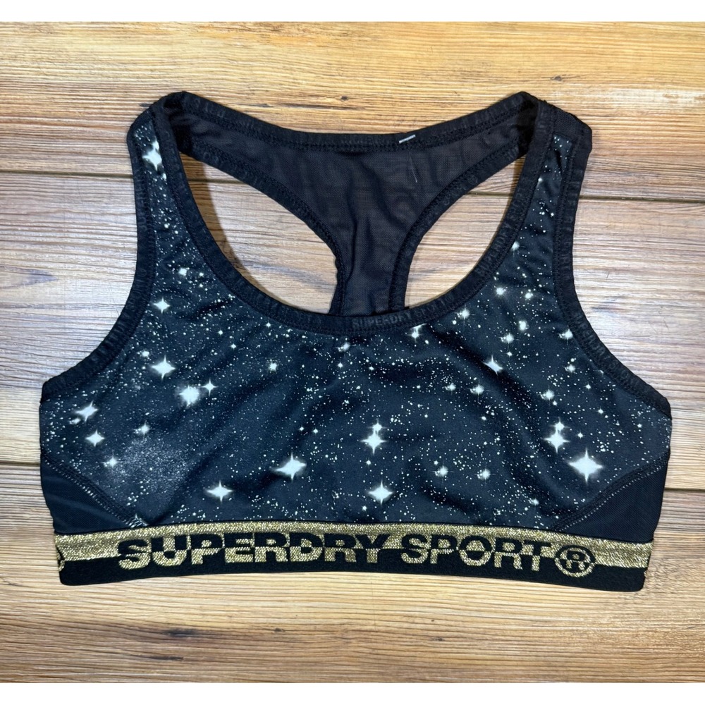 Superdry Sport Galaxy Star Print Racerback Sports Bra Black Gold GS30041AR US4